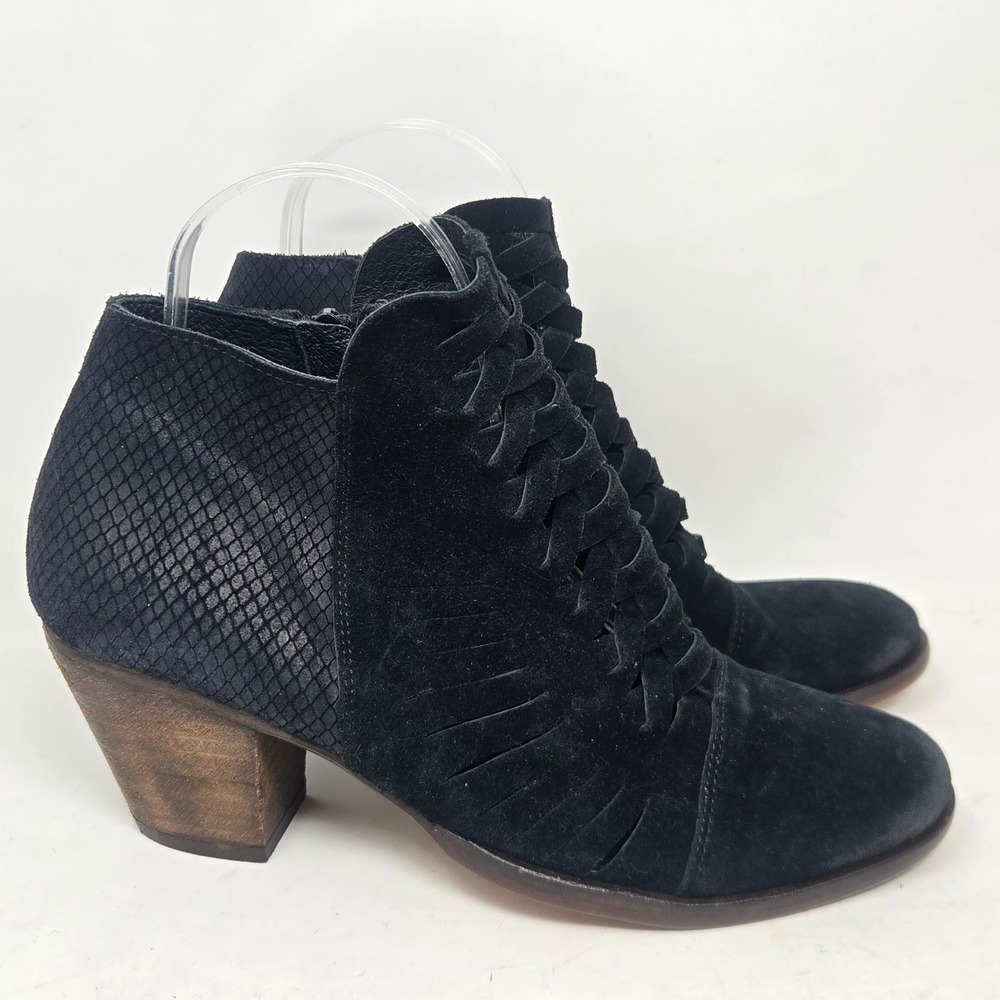 Free People Loveland Black Suede Woven Cutout Ankle Boots Snakeskin Heel Size 38